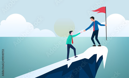 Business concept leadership and teamwork. Leader help other to climb the cliff to reach the goal vector illustration.