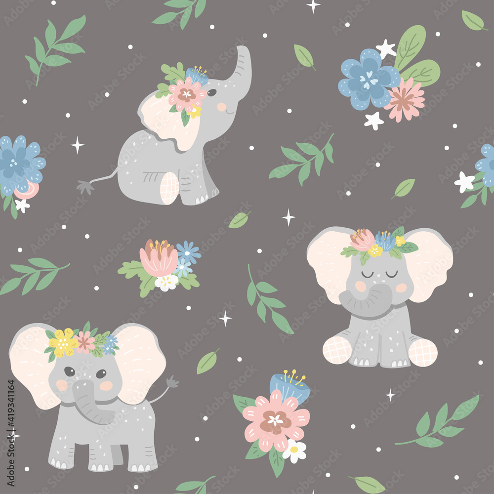 Seamless flower pattern with baby elephants. Good for textiles, fabrics, wallpaper. Flat design, vector illustration Seamless flower pattern with baby elephants. Good for textiles, fabrics, wallpaper. Flat design, vector illustration