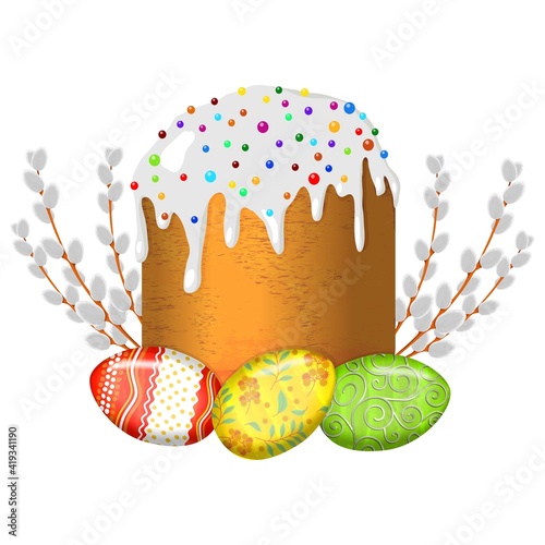 Happy Easter. Easter cake with glaze, colorful decor. Colorful decorated Easter eggs with different texture, pattern. Pussy-willow. Spring holiday. Vector illustration