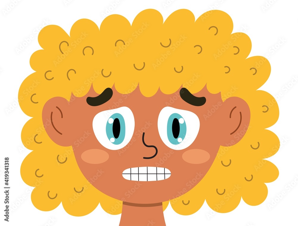 Nervous girl face. Scared kid clipart. Depression emotion. Emotional expression head close-up. Feeling concept vector illustration Nervous girl face. Scared kid clipart. Depression emotion. Emotional expression head close-up. Feeling concept vector illustration