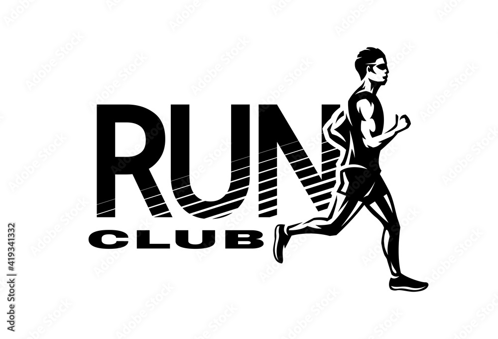 Run club. The running Man, logo, emblem. Vector illustration. - obrazy, fototapety, plakaty 