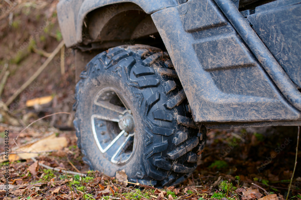 Closeup of a wheel from a buggy. Extreme off-road driving