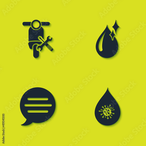 Set Scooter service, Dirty water drop, Speech bubble chat and Clean icon. Vector.