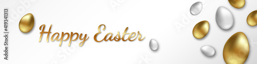 Happy Easter festive banner with handwritten Easter greetings and Easter eggs in gold and silver color on a white background. Stock illustration EPS 10