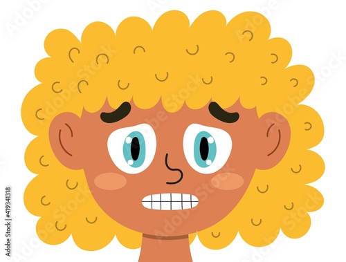 Nervous girl face. Scared kid clipart. Depression emotion. Emotional expression head close-up. Feeling concept vector illustration