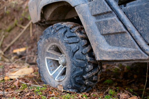 Closeup of a wheel from a buggy. Extreme off-road driving