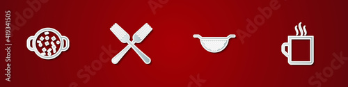 Set Cooking soup in pot, Crossed fork, Kitchen colander and Coffee cup icon. Vector.