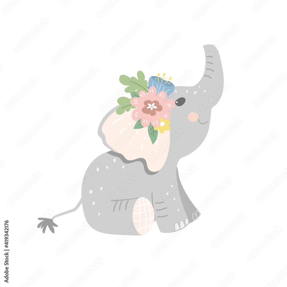 Cute sitting baby elephant with a wreath of flowers on his head. Vector illustration in cartoon style