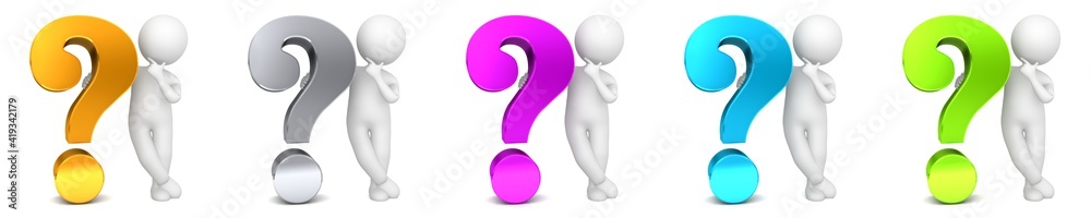 Question marks gold silver pink blue green interrogating thinking asking man 3d rendering Question marks gold silver pink blue green interrogating thinking asking man 3d rendering