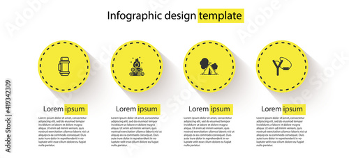 Set Thermos container, Campfire, Tourist tent with flag and Slingshot. Business infographic template. Vector.