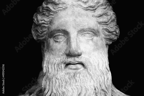 God Zeus (Jupiter). The king of Olympian gods and the ruler of sky and thunder. Fragment of an ancient statue. Horizontal image.