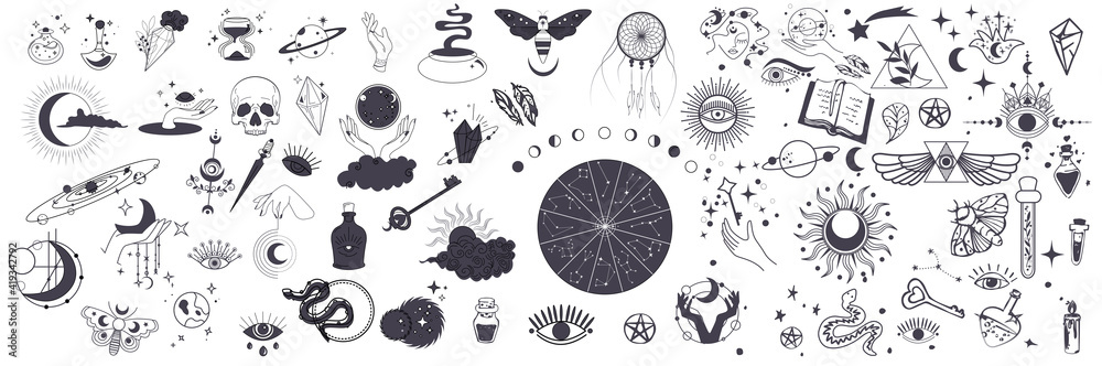 Mystic vector items, moon, hands, crystals, planets. Doodle astrology style. Doodle esoteric, boho mystical hand drawn elements. Magic and witchcraft, witch esoteric alchemy. Icons set. Vector