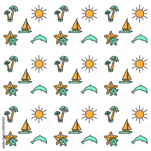 Vector background pattern with travel and vacation icons on white. 