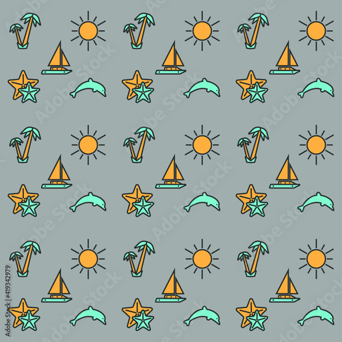 Vector background pattern with travel and vacation icons on grey. 