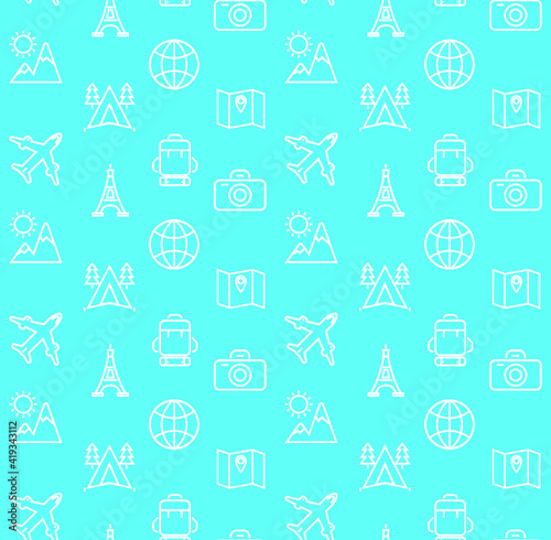 Vector background pattern with travel and vacation icons on blue. 
