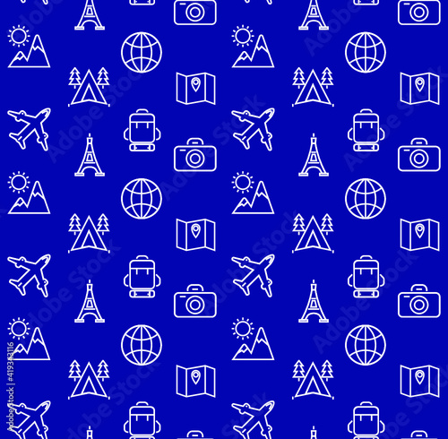 Vector background pattern with travel and vacation icons on purple. 