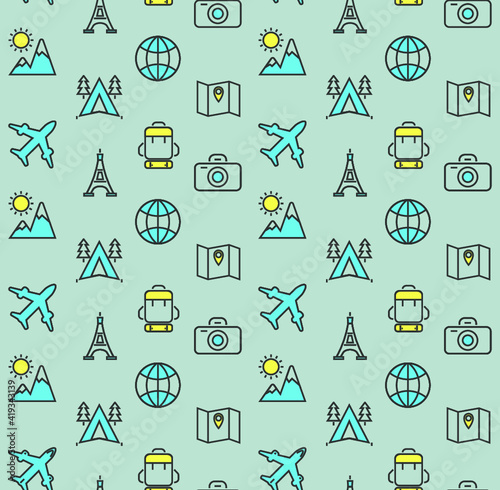 Vector background pattern with travel and vacation icons on grey. 
