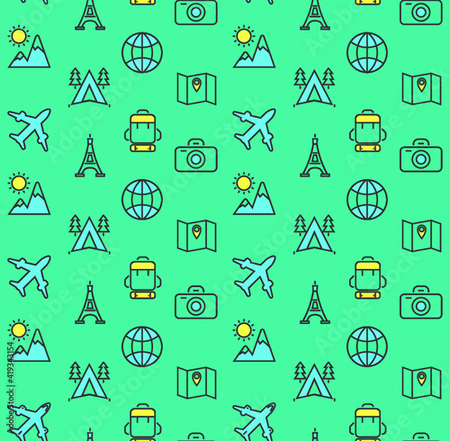 Vector background pattern with travel and vacation icons on green. 