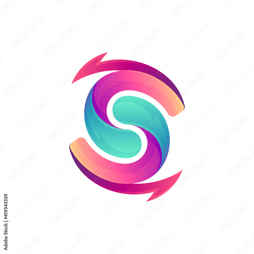 Circle letter S with arrow, gradient logo template