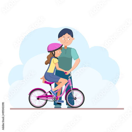 Father teaches his daughter to ride a bicycle. Upbringing, the concept of fatherhood. Vector flat illustration, isolated objects on a white background.