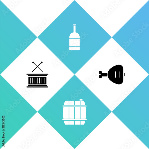 Set Musical drum and sticks, Wooden barrel, Beer bottle and Chicken leg icon. Vector.