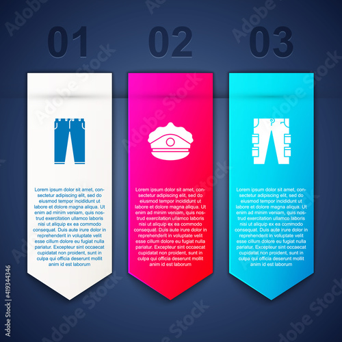 Set Pants, Police cap with cockade and Cargo pants. Business infographic template. Vector.