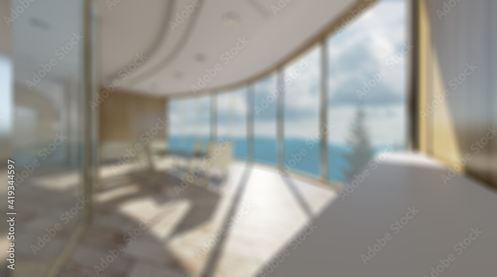 Fototapeta premium Unfocused, Blur phototography. Open space office interior with like conference room. Mockup. 3D