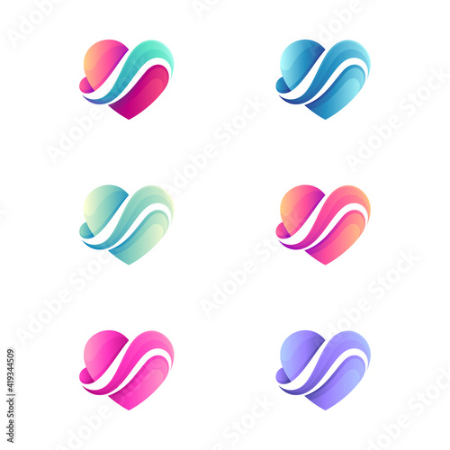 Love wave logo template with gradient color variation. Ocean heart logo concept