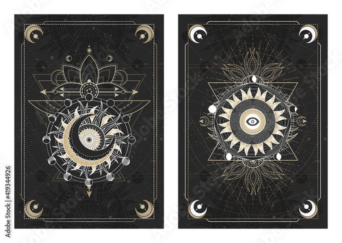 Vector dark illustrations with sacred geometry symbols, grunge textures and frames. Images in black, white and gold.