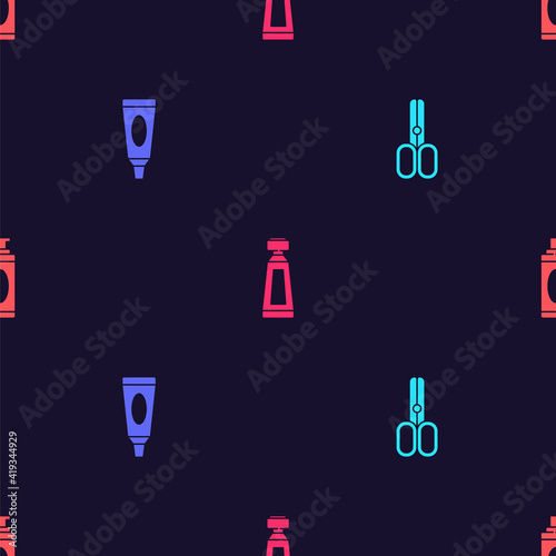 Set Scissors hairdresser, Cream lotion cosmetic tube, and Shaving gel foam on seamless pattern. Vector.