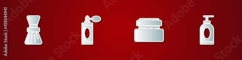 Set Shaving brush, Aftershave bottle with atomizer, Cream or lotion cosmetic tube and icon. Vector.