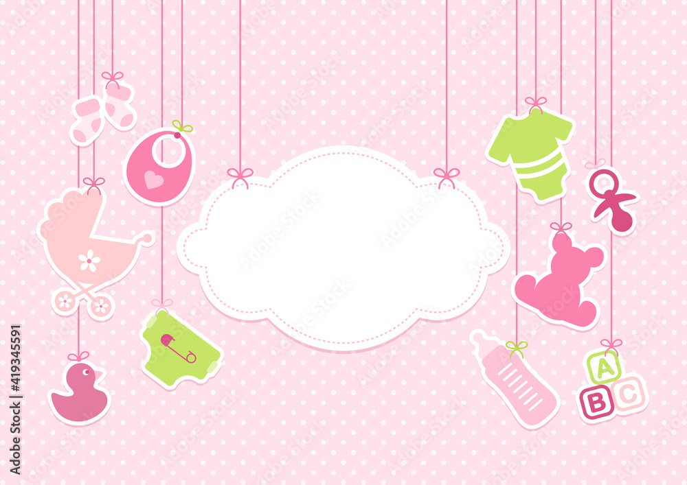 Karte Hängende Babysymbole Mädchen Mit Wolke Punkte Pink Grün Karte Hängende Babysymbole Mädchen Mit Wolke Punkte Pink Grün