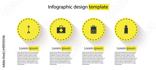 Set Hipster arrow, First aid kit, Hiking backpack and Canteen water bottle. Business infographic template. Vector.