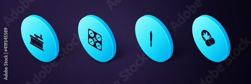 Set Isometric Herbal ecstasy tablets, Marijuana joint, Medical pills with marijuana and Manual grinder icon. Vector.