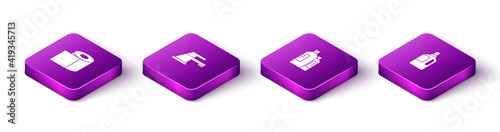 Set Isometric Toilet paper roll, Water tap, Bottles for cleaning agent and Fabric softener icon. Vector.