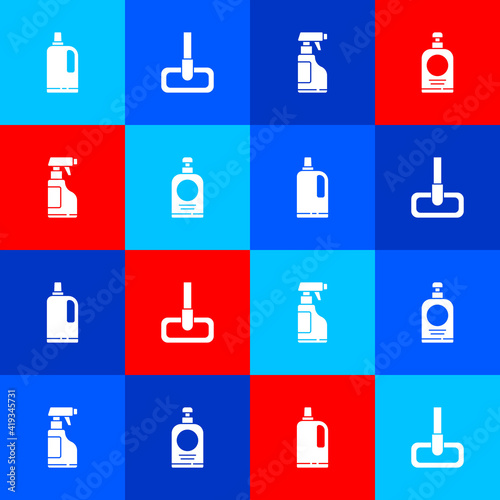 Set Fabric softener, Mop, Spray bottle with detergent liquid and Hand sanitizer icon. Vector.
