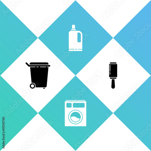 Set Trash can, Washer, Fabric softener and Adhesive roller icon. Vector.