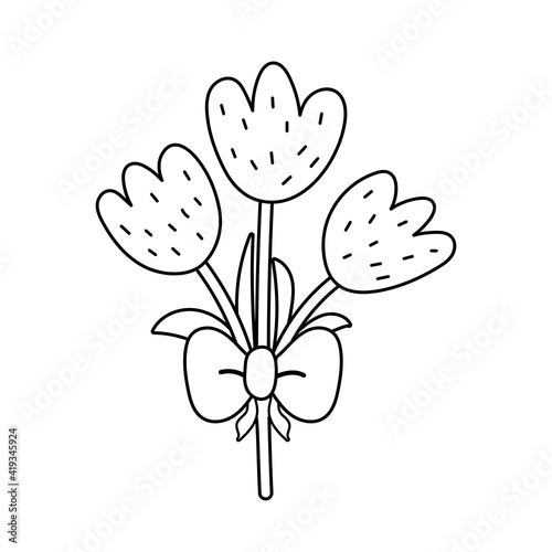 Cute tulips coloring page for adults and kids. Spring and summer black and white background. Easter flowers. Vector illustration