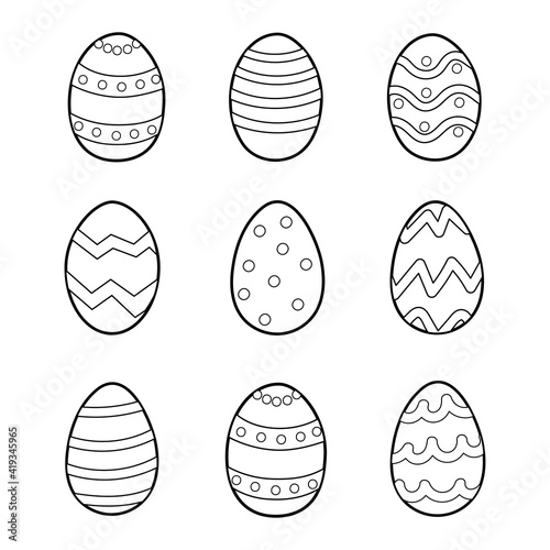 Easter doodle eggs with ornament coloring page. Spring holidays black and white elements for coloring book. Vector illustration