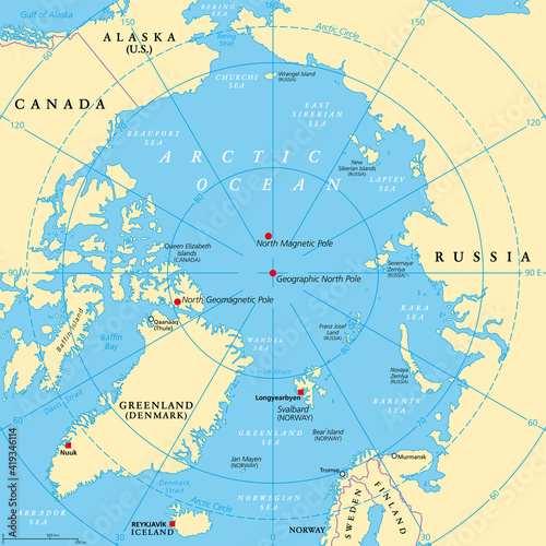 Geographic position of the North Pole of the Earth, political map. Magnetic, Geomagnetic and Geographic North Pole. Map of the Arctic Ocean and the Arctic Circle with latitudes and longitudes. Vector.