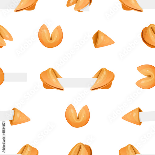 seamless pattern of set of Chinese fortune cookies flat food vector cartoon set on colors background. Fortune cookies with blank paper template. open and closed chinese fortune cookies with paper.