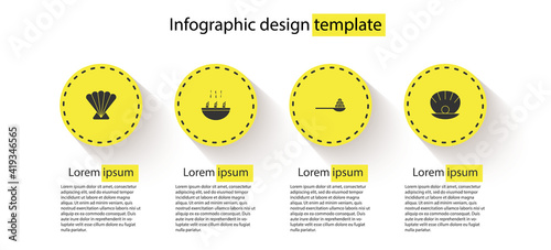 Set Scallop sea shell, Soup with shrimps, Caviar on spoon and Shell pearl. Business infographic template. Vector.
