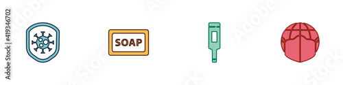 Set Shield protecting from virus, Bar of soap, Medical thermometer and Earth with medical mask icon. Vector.