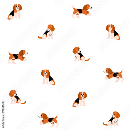 Cartoon happy beagle - simple trendy pattern with dogs. Flat vector illustration for prints, clothing, packaging and postcards. 