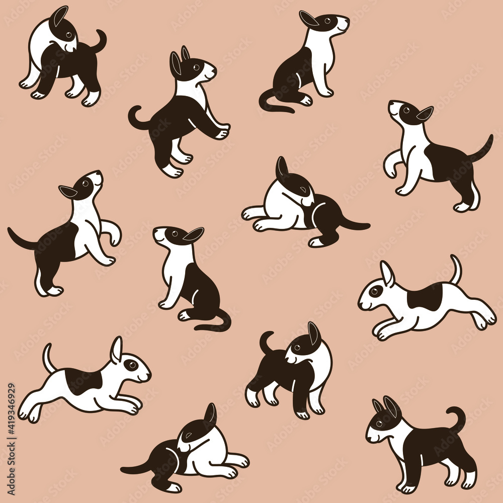 Cartoon happy bull terrier - seamless trendy pattern with dogs. Flat vector illustration for prints, clothing, packaging and postcards. 