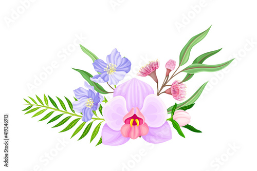 Violet Orchid Bloom with Labellum and Floral Branches Vector Illustration