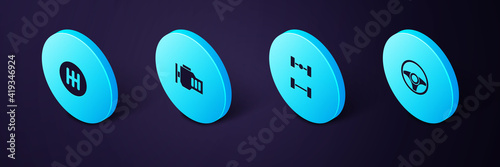 Set Isometric Steering wheel, Chassis car, Check engine and Gear shifter icon. Vector.