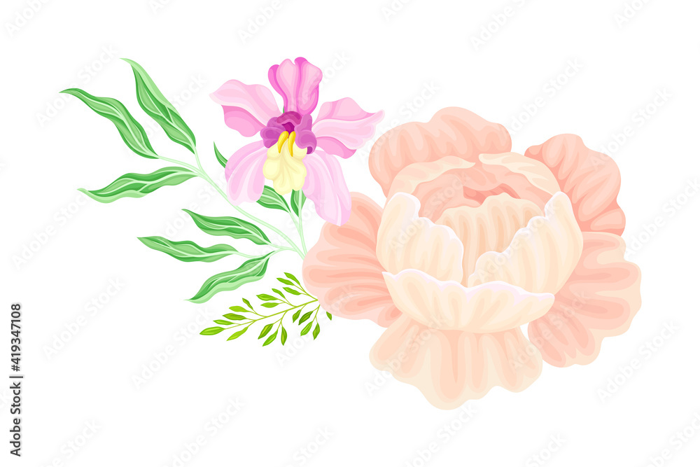 Floral Bouquet of Peony and Garden Flowers Vector Illustration
