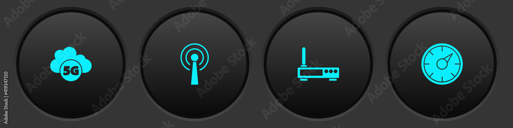Set Cloud 5G network, Antenna, Router and wi-fi signal and Digital speed meter icon. Vector. Set Cloud 5G network, Antenna, Router and wi-fi signal and Digital speed meter icon. Vector.