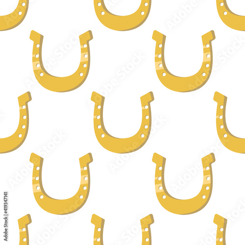 Vector graphics in flat style isolated on white background seamless pattern. Gold horseshoe symbols of good luck and happiness. Hand drawn illustration.